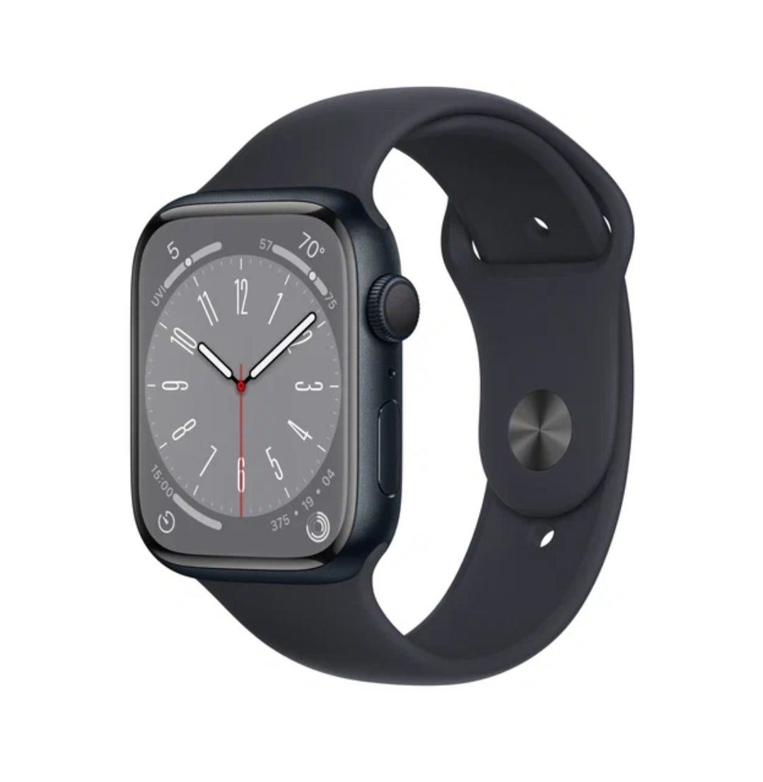 Apple Watch Series 8, 41 мм, корпус из алюминия цвета «тёмная ночь», спортивный ремешок цвета «тёмная ночь»